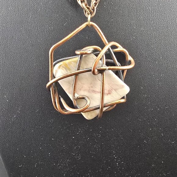 Vintage Handcrafted Bronze Wire Wrap Necklace  Jasper/Agate Stone Pendant Signed - Picture 2 of 10